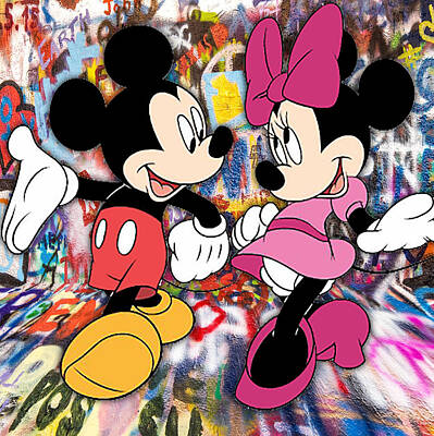 Comics Paintings - Mickey And Minnie Mouse Pop Art Graffiti Love Happy 2 by Tony Rubino