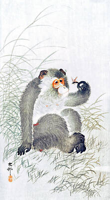 Lilies Paintings - Monkey with insect by Ohara Koson  by Mango Art
