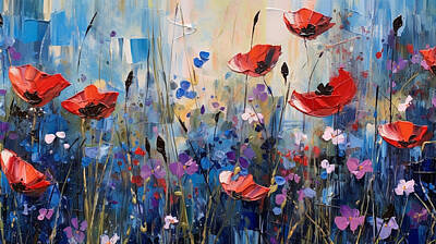 Abstract Flowers Paintings - moody  abstract  field  of  flowers  by Asar Studios by Celestial Images