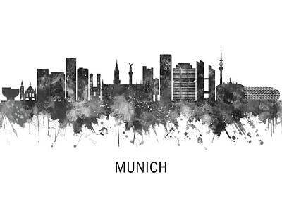 Abstract Skyline Mixed Media - Munich Germany Skyline BW by NextWay Art