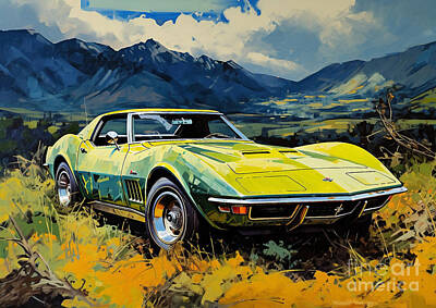 Mountain Drawings - Muscle car 1969 Chevrolet Corvette L88 Classic Beauty Amidst Natural Splendor by Lowell Harann