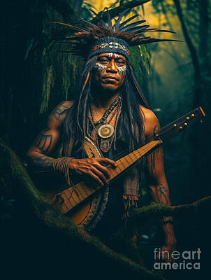Musician Paintings - Musician  from  Huaorani  Tribe  Ecuador    Surreal  by Asar Studios by Celestial Images