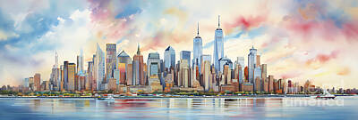 City Scenes Paintings - New York City  skyline cityscape illustrious by Asar Studios by Celestial Images