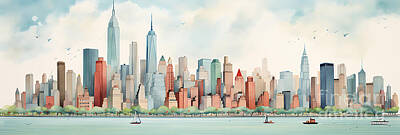 Childrens Rooms Royalty Free Images - New York City USA skyline cityscape watercolor  by Asar Studios Royalty-Free Image by Celestial Images