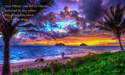 School Tote Bags - Oahu HI The Prayer Lanikai Beach Majestic Sunrise Seascape Art by Reid Callaway
