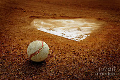 Baseball Royalty Free Images - Old Leather Baseball on Field by Home Plate or Base Royalty-Free Image by Lane Erickson
