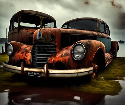 Cities Rights Managed Images - Old Vintage Rusted Car, Generative AI Illustration Royalty-Free Image by Miroslav Nemecek