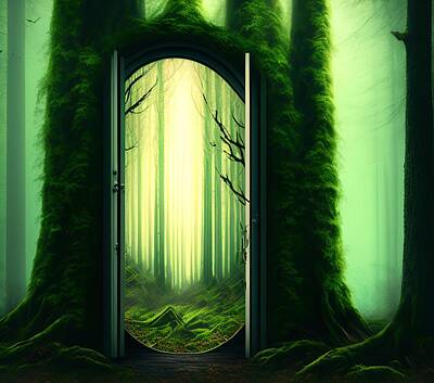 Fantasy Digital Art Rights Managed Images - Open Portal Door to Mysterious Forest, Generative AI Illustratio Royalty-Free Image by Miroslav Nemecek