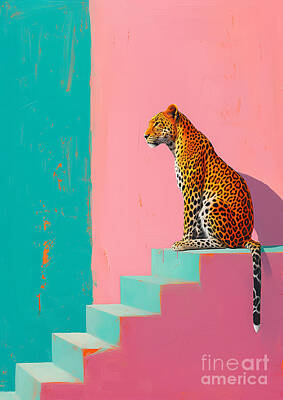 Surrealism Painting Royalty Free Images - painting leopard sitting on minimalist stairs by Asar Studios Royalty-Free Image by Celestial Images