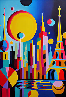 Paris Skyline Digital Art Royalty Free Images - Paris  city  skyline  in  Kandinsky  style    acrylic  by Asar Studios Royalty-Free Image by Celestial Images