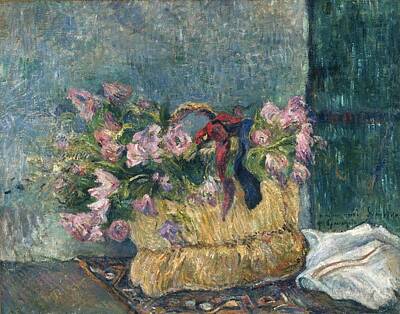 Roses Digital Art - Paul Gauguin, French, 1848-1903 -- Still Life with Moss Roses in a Basket by Celestial Images
