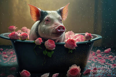 Animals Digital Art Rights Managed Images - Pig in a bathtub Royalty-Free Image by Elisabeth Coelfen