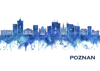 City Scenes Mixed Media - Poznan Poland Skyline Blue by NextWay Art