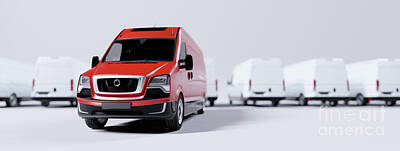 Transportation Royalty-Free and Rights-Managed Images - Red commercial van and fleet of white trucks. Transport. Transport and shipping by Michal Bednarek