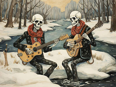 Rock And Roll Drawings - Rock and roll skeletons by Karen Foley
