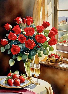 Food And Beverage Digital Art - Roses and Romance in the Window  by James Eye