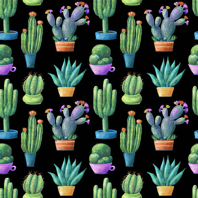 Food And Beverage Drawings - Seamless pattern with cute colorful cacti, tall, round, prickly pear, agave, houseplants in pots, hand drawn illustration on white background. Cute cacti in pots, seamless pattern on white background by Julien