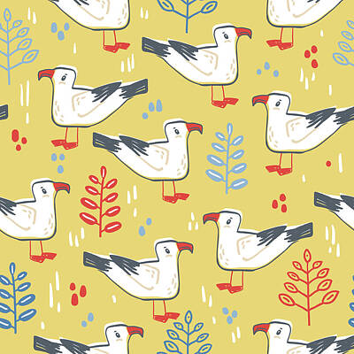 Line Drawing Quibe -  seamless pattern with walking gull. Bird and leaves, natural colors. Scandinavian style.  by Julien