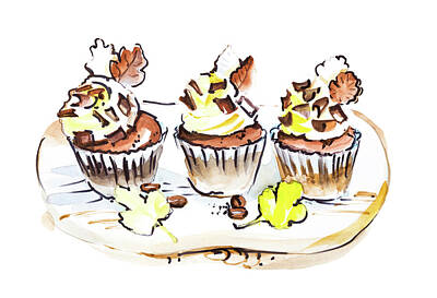 Food And Beverage Drawings - Set of three chocolate birthday cupcakes with chocolate bars. Food watercolor drawing isolated on white by Maria Kray
