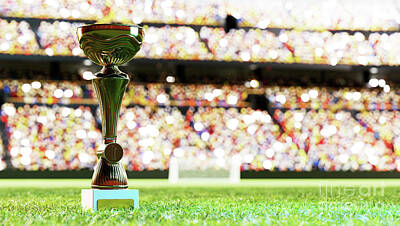 Football Royalty Free Images - Soccer or football trophy cup on stadium Royalty-Free Image by Michal Bednarek
