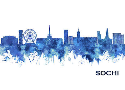 Landscapes Mixed Media Royalty Free Images - Sochi Russia Skyline Blue Royalty-Free Image by NextWay Art