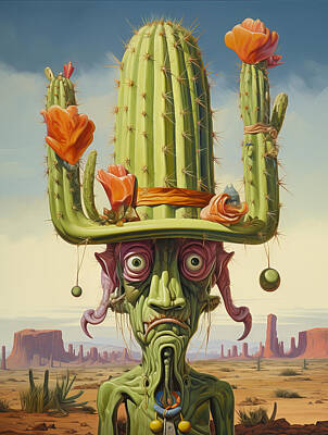 Surrealism Drawings Royalty Free Images - Southwestern cactus caricature Royalty-Free Image by Karen Foley