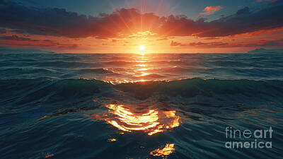 Sports Digital Art - Sun Setting Over Vast Ocean Waves by Benny Marty