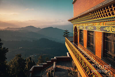 Christmas Cards - Sunset above valley Buddhist monastery Nepal in the Himalaya mountains by Raimond Klavins