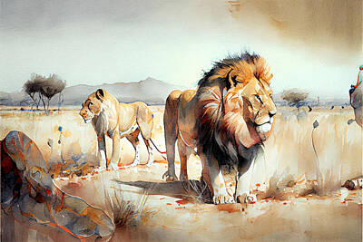 Surrealism Royalty Free Images - Surreal  render  watercolor  painting  of  lions  by Asar Studios Royalty-Free Image by Celestial Images