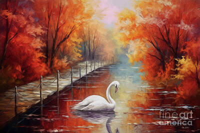 Birds Royalty-Free and Rights-Managed Images - Swan In Autumn by Tina LeCour