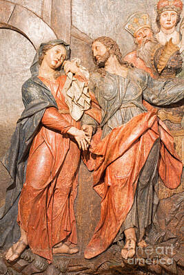Christmas Ornaments - The detail of carved relief Jesus says farewell to his mother  by Jozef Sedmak