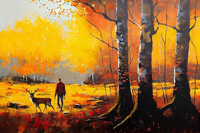 Landscapes Digital Art - The  Hunter  autumn  landscape  oil  painting  in  the  by Asar Studios by Celestial Images