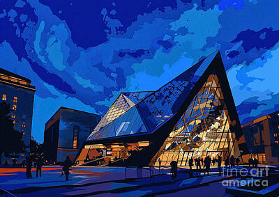 Landmarks Painting Royalty Free Images - Torontos Royal Ontario Museum dimly lit in the night Royalty-Free Image by Cortez Schinner
