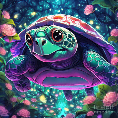 Reptiles Drawings - Turtle in a Whimsical Wonderland by Adrien Efren