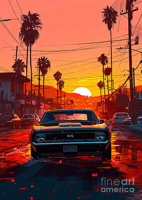 City Scenes Drawings - View 1968 Chevrolet Camaro Z 28 RS SS 396 muscle car sunset by Lowell Harann