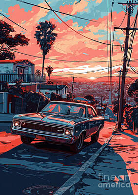 City Scenes Drawings - View 1968 Plymouth Road Runner 440 Six Pack muscle car sunset by Lowell Harann