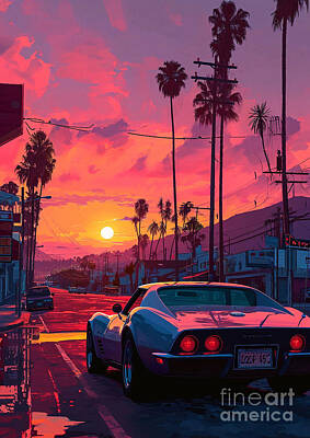 City Scenes Drawings - View 1969 Chevrolet Corvette 427 muscle car sunset by Lowell Harann