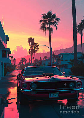 Cities Rights Managed Images - View 1969 Ford Mustang Boss 429 KK muscle car sunset Royalty-Free Image by Lowell Harann