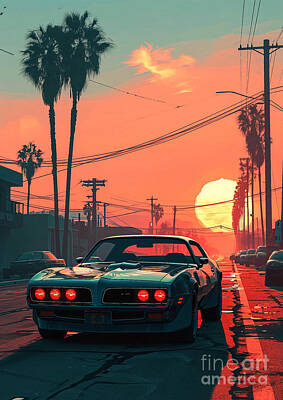 City Scenes Drawings - View 1969 Pontiac Firebird 350 HO muscle car sunset by Lowell Harann