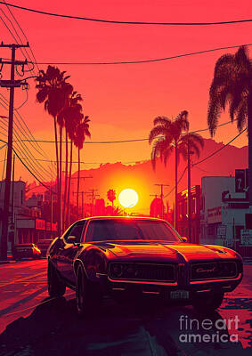 City Scenes Drawings - View 1969 Pontiac LeMans GTO muscle car sunset by Lowell Harann