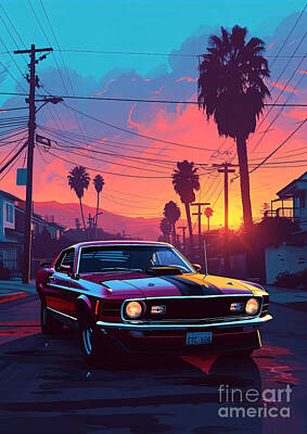 City Scenes Drawings - View 1970 Ford Mustang Boss 302 muscle car sunset by Lowell Harann
