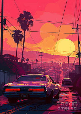 City Scenes Drawings - View 1970 Plymouth GTX muscle car sunset by Lowell Harann