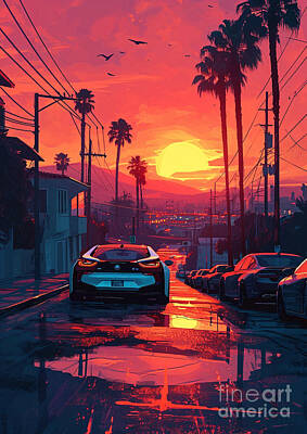 Cities Drawings - View BMW i8 sport car sunset by Lowell Harann