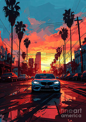 Sports Drawings - View BMW M2 sport car sunset by Lowell Harann