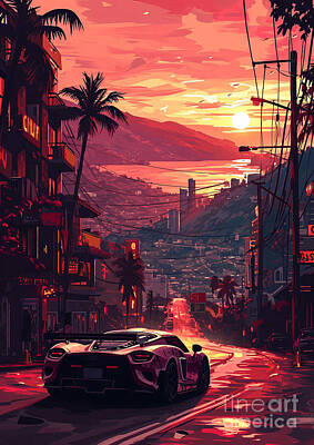 City Scenes Drawings - View Lotus Exige sport car sunset by Lowell Harann