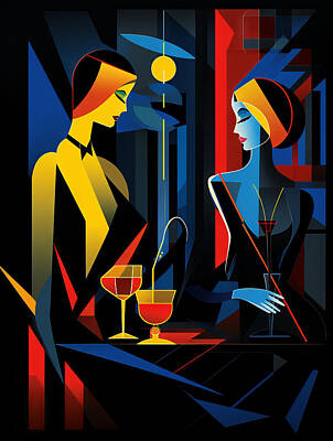 Food And Beverage Drawings - Vintage nightclub in art deco vibrant colors by Karen Foley