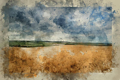 Digital Art - Watercolour painting of Stunning wheat field landscape under stormy Summer sunset sky by Matthew Gibson