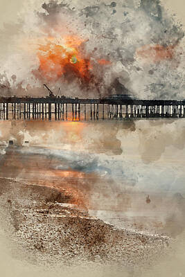 Sports Tees - Watercolour painting of Sunrise landscape of pier under construc by Matthew Gibson