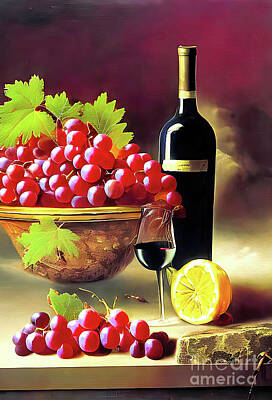 Wine Digital Art Royalty Free Images - Wine and Grapes  Royalty-Free Image by Elaine Manley