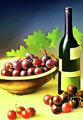 Wine Digital Art Royalty Free Images - Wine bottle and grapes  Royalty-Free Image by Elaine Manley